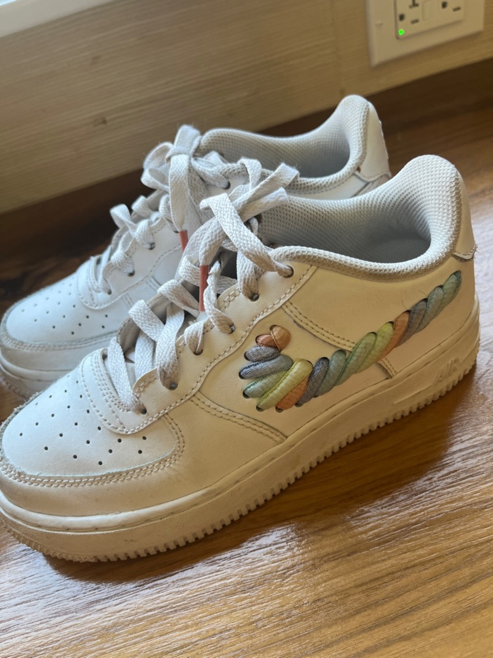 Kids Nike Air Force 1 white with rainbow swoosh laces